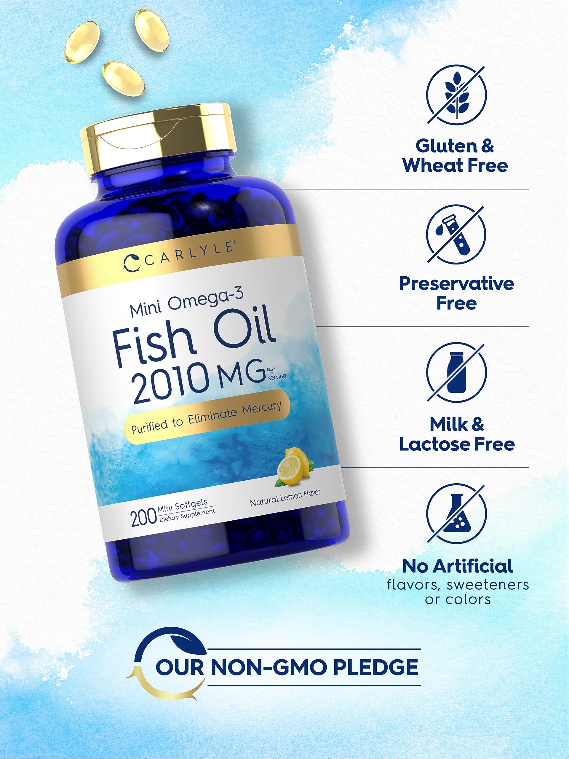 Carlyle Mini Fish Oil Softgels | 2010 mg | 200 Omega-3 Pills | with EPA & DHA | Non-GMO & Gluten Free Supplement